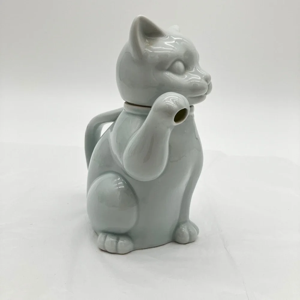 Vintage Celadon Takahashi Japan Celadon Porcelain Cat Teapot 1970s Kitty Creamer